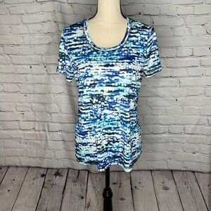 Exertek Blue and White Print Short Sleeve Crewneck Athleisure Top Medium